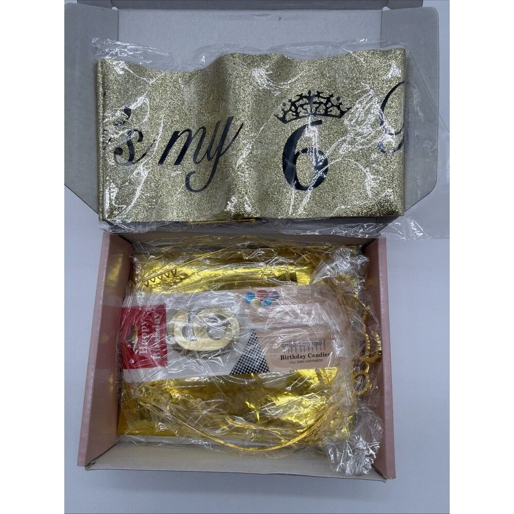 Gold jewel crown and sash set for 6th birthday